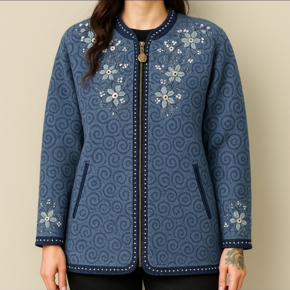 Icelandic Design Wool Embroidered Zip Sweater Jacket Blue XL